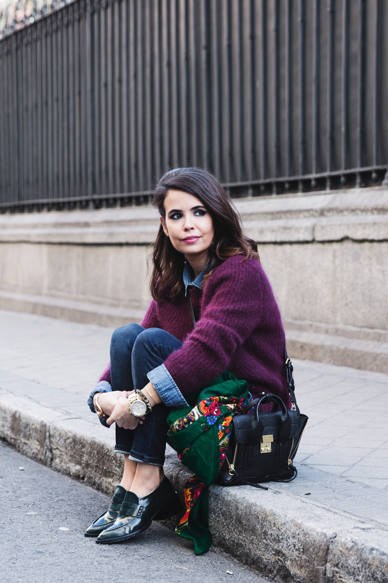 Double_Denim-Loafers-Burgundy_Jumper-Outfit-Vintage_Scarf-Street_Style-4