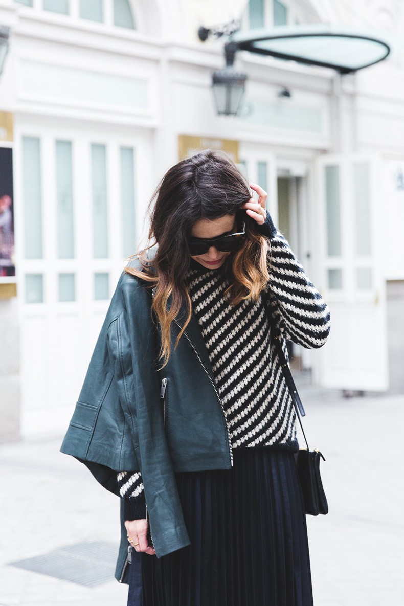 Pleated_Skirt-Striped_Sweater-APC_Paris-Green_Biker_Jacket-Reiss_Fashion-Outfit-Street_Style-25