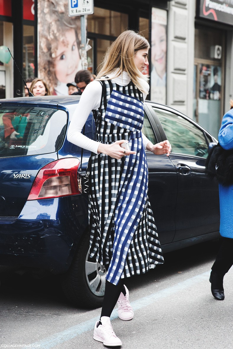 Milan_Fashion_Week-Fall_Winter_2015-Street_Style-MFW-Checked_dress-Turtle_Neck-Stan_Smith-