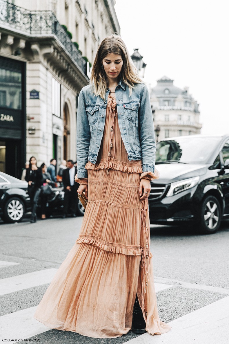 PFW-Paris_Fashion_Week-Spring_Summer_2016-Street_Style-Say_Cheese-Choe_Dress-Long-Maxi-Denim_Jacket-Veronika_Heilbrunner-