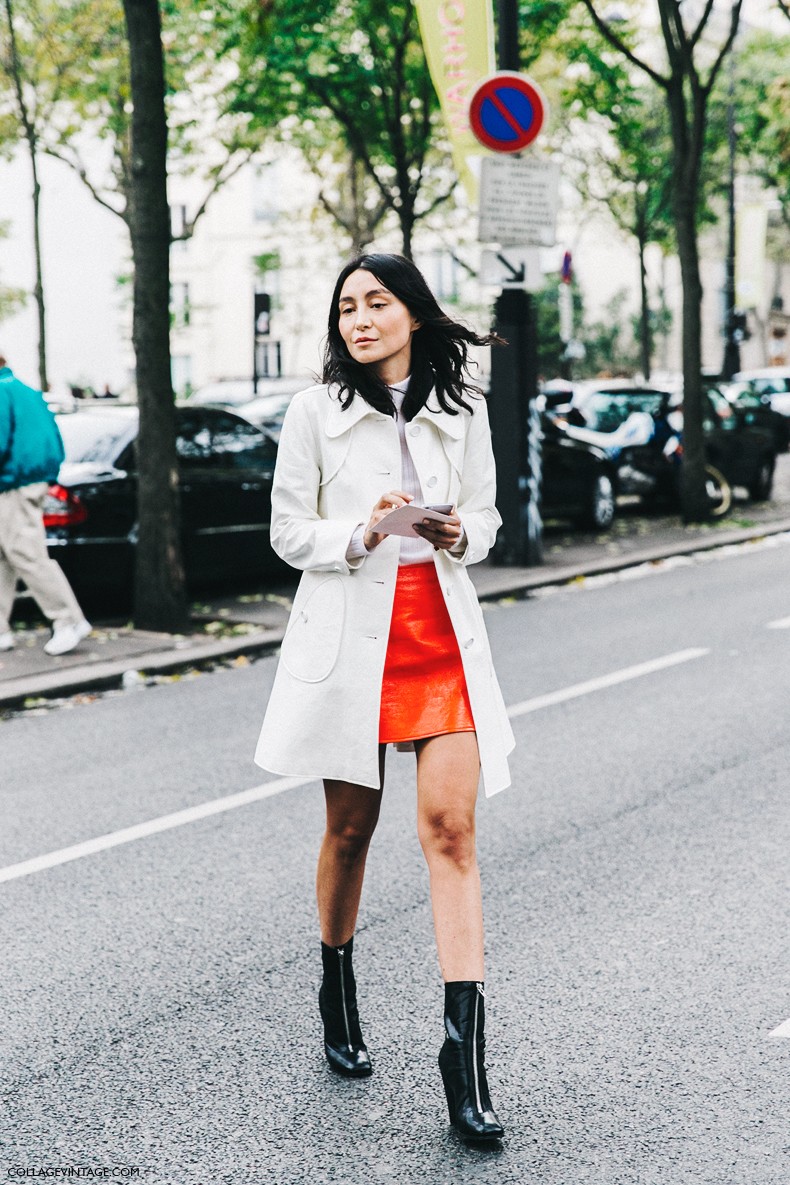 PFW-Paris_Fashion_Week-Spring_Summer_2016-Street_Style-Say_Cheese-Orange_Skirt_White_Coat-2