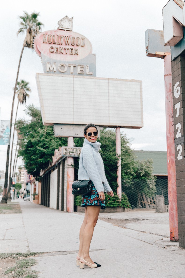 Floral_Skirt-Blue_Knit-Light_Blue-Chanel_Shoes-Chanel_Bag-Outfit-LA-