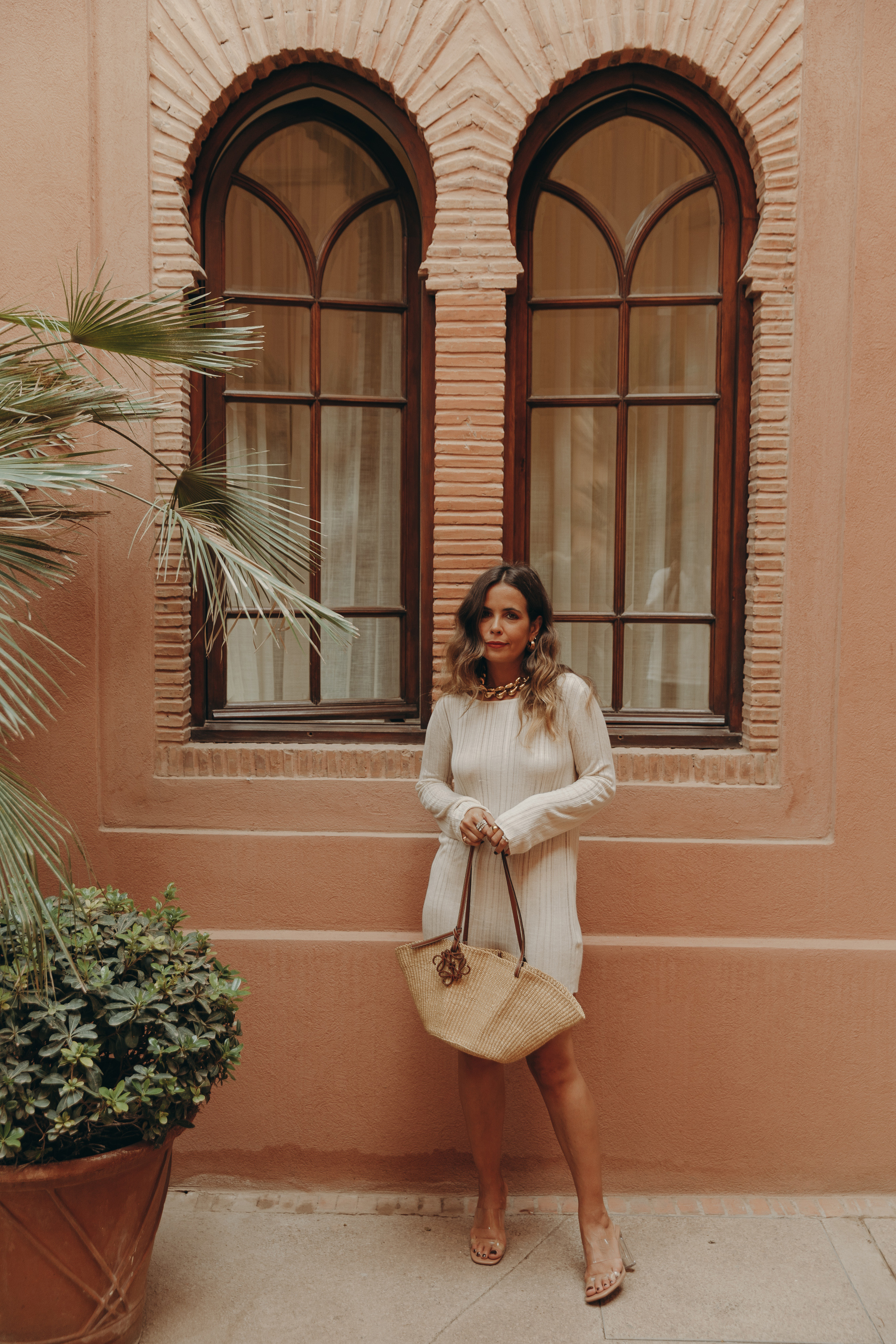 A day at the Royal Mansour Hotel Marrakech, wearing a Zara spring dress, Loewe basket bag and a chunky necklace